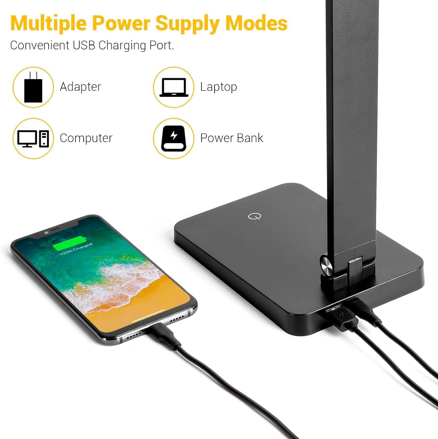 Office Desk LED Lamp, 3 Levels Dimmable Reading Desk Light with USB Charging Port