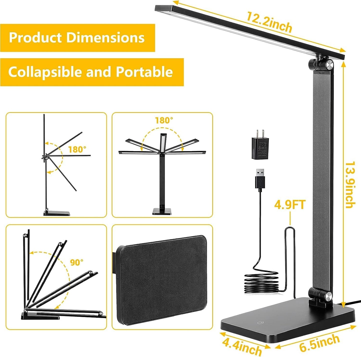 Office Desk LED Lamp, 3 Levels Dimmable Reading Desk Light with USB Charging Port