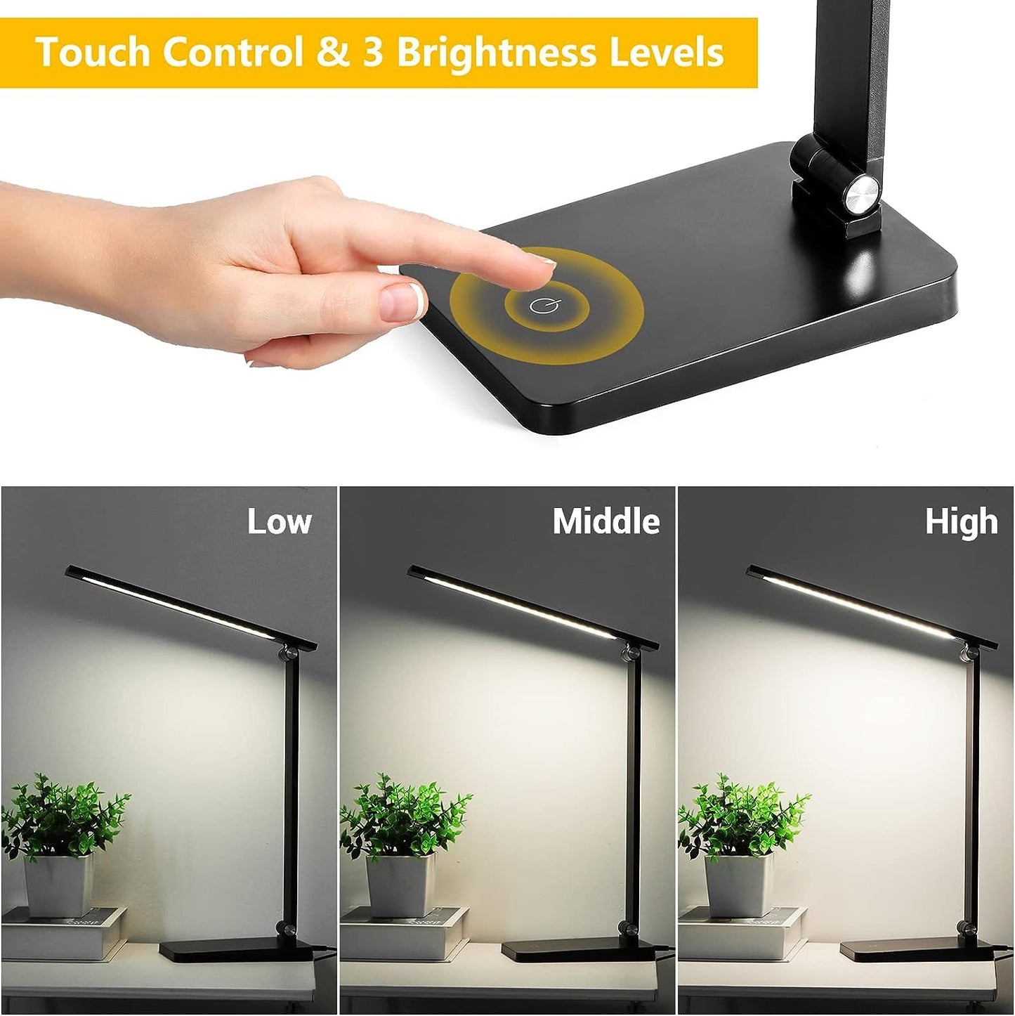 Office Desk LED Lamp, 3 Levels Dimmable Reading Desk Light with USB Charging Port