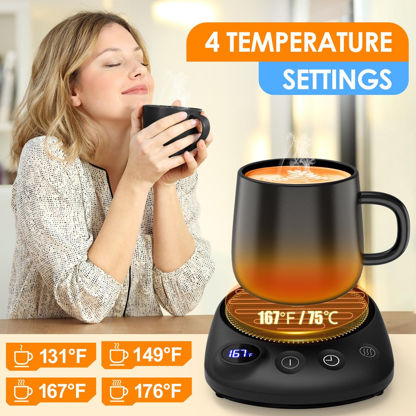 Mug Warmer for Office Desk, 4 Temp Settings & 1-12H Timer